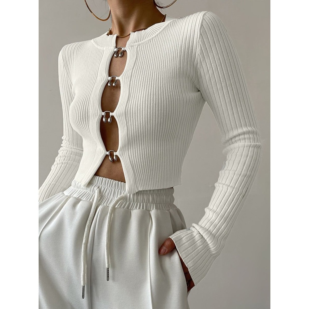 Commense Cutout Split Beads‎ Detail Ribbed Knit Top white size XS